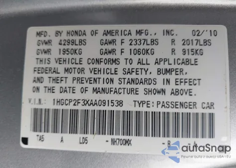 2010 Honda Accord 2.4 Lx from USA, damaged, VIN 1HGCP2F3XAA091538